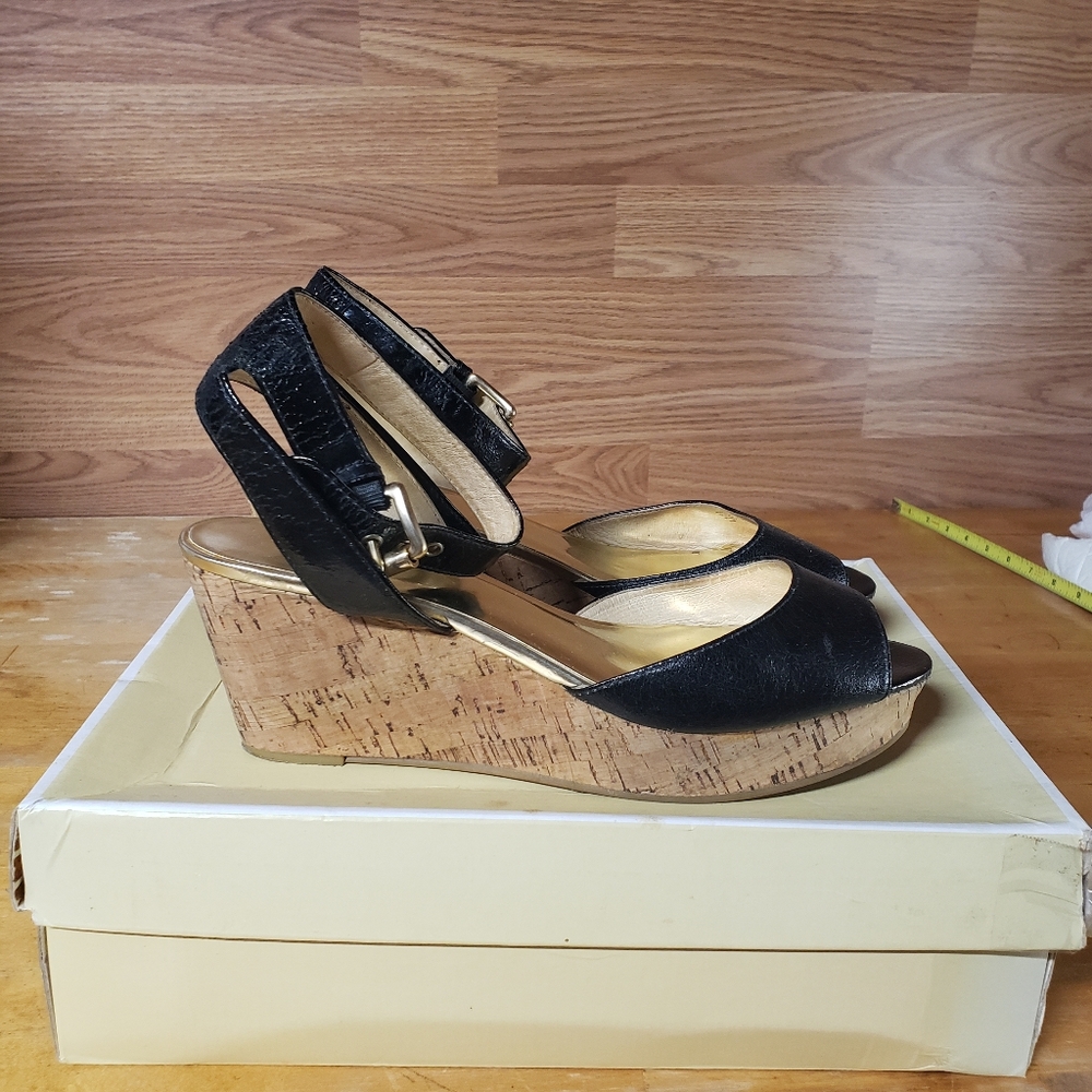 Michael Kors Black and Tan Wedge Sandals